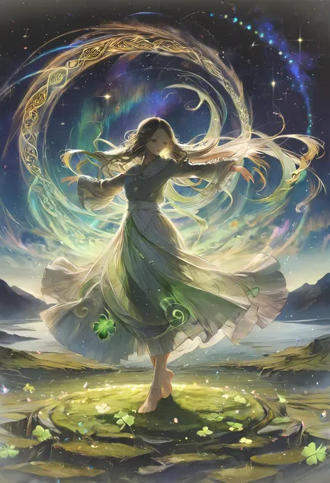 by rella, by Yoshitaka Amano, by yogisya, by Christine Ellger, by makoto shinkai, by Ilya Kuvshinov,
1girl, a celtic goddess praying, dancing, super model, detailed face, closed eyes, detailed long hair, glow hair, transparent hair, floating hair, wind effect, perfect anatomy, barefoot,
dynamic angle,
BREAK
twirl effects, ring effects, whirling, rainbow, green, gold, neon, ink, effects designed by Yoneyama Mai, shiny, sparkling, dimly luminous, realistic lighting, Enhanced Lighting Effects, transparent, rays, god rays,
majestic, mythical, [(details:1.2): [ (many small details:1.3) : [ (many ultrasmall details: 1.2):(very detailed ultrasmall edges and microrelief:1.5):0.7 ]: 0.4 ] :0.2],
Background:(Celtic Stone Circle, Celtic cross, Celtic stone, Celtic knots, Celtic spiral patterns, shamrock), Irish landscape, coastline, cliffs, sea, horizon, ancient Celtic forest, moss carpet,  clear blue sky, starry sky, space, nebula, aurora, milky way, shooting star, deep,
[flat color:flat color:0.6],
aesthetic, detailed, beautiful color, (amazing quality:1.5), best quality, high quality,
ral-cltc, <lora:ral-cltc:0.8>, escher, <lora:Escher_SDXL:0.1>, <lora:ArtfullyDERVISHFLOW_SDXL_V1:0.5>, <lora:YoneyamaMai:0.1>, <lora:add-detail-xl:1>,