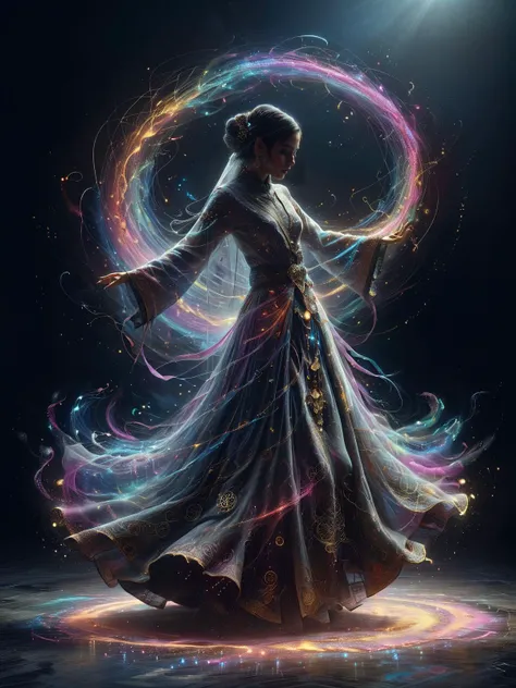 cinematic shot, dynamic lighting, woman wearing an oriental dress with veil ornated with magic symbols, dancing, mad-hrmtcwzrd, dust, light rays, caustics, DonMW15pXL <lora:Neon_Cyberpunk_SDXL_Hermetic_Wizard:0.8> <lora:ArtfullyDERVISHFLOW_SDXL_V1:0.7> twirl, ring, rainbow <lora:DonMW15pXL:0.6>, masterpiece, best quality, ultra high res, (photorealistic, realistic:1.2), deep shadow, raw photo, film grain, Fujifilm XT3, 8k uhd, dslr