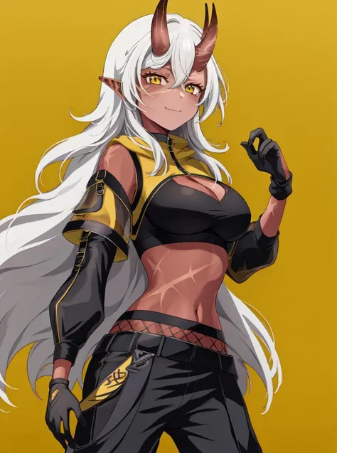 asaricurrry, anime style, anime coloring, cowboy shot, 1girl, looking at viewer, smile, closed mouth, red skin, colored skin, demon girl, oni, horns, oni horns, orange and yellow eyes, pointy ears, hair between eyes, white hair, bangs, long hair, scar, scar on face, scar on cheek, cleavage, cleavage cutout, fishnets, gloves, single glove, black pants, see-through, sleeveless, sidelocks, solo, sports bra, caution tape, striped background