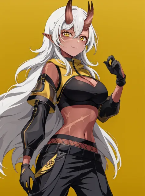 asaricurrry, anime style, anime coloring, cowboy shot, 1girl, looking at viewer, smile, closed mouth, red skin, colored skin, demon girl, oni, horns, oni horns, orange and yellow eyes, pointy ears, hair between eyes, white hair, bangs, long hair, scar, scar on face, scar on cheek, cleavage, cleavage cutout, fishnets, gloves, single glove, black pants, see-through, sleeveless, sidelocks, solo, sports bra, caution tape, striped background