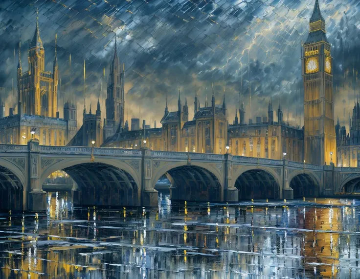 An ultra-detailed oil painting of Big Ben some English stuff. Bridge in foreground. Detailed Reflections. Violent thunderstorm overhead. (dramatic:1.4), (hyper-realistic), (highly detailed:1.5), (intricate details:1.2), (palette knife:1.2), (by Greg Manchess), (HDR:1.3), (intense:1.1), (cinematic lighting:1.3), (trending on CGsociety), (surreal:1.2), (high contrast:1.3), (oil painting texture:1.5), (dramatic shadows:1.2), perfect lighting, perfect shading,