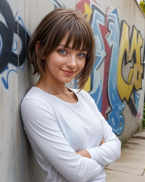 1girl,  standing, casual, white shirt, jeans, upper body, long sleeves, tile wall, , against wall, graffiti,  crossed arms, from side, seductive smile, blue eyes,  long bangs,
masterpiece, best quality, photorealistic art,  <lora:add_detail:0.7> AnjelikaV2