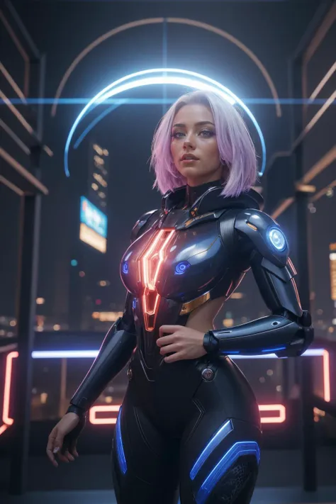 a futuristic girl in a suit standing in front of a background of futuristic mech,  mecha, cyberpunk art, afrofuturism, tattoo,  glowing lines, outdoors,  holographic interface,  hoodie, antenna hair, energy barrier, artificial flower, 
masterpiece, best quality, intricate details, absurdres,   <lora:backlight_slider_v10:-0.5> <lora:epiC35mm:1> epiC35mm <lora:epiCRealismHelper:1> <lora:muscle_slider_v1:1.5>  sh3rryf0r31gn