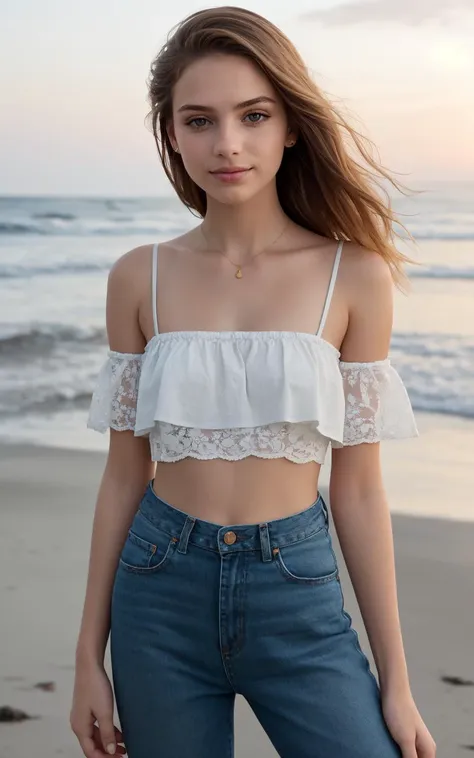 (full color fashion shot of 18 year old woman, portrait, masterpiece, perfect face, cowboy shot:1.1), young adult woman model, (sultry and glamorous look), sunlit beach backdrop, ((trendy outfit)), high-waisted jeans, ((intricately detailed offshoulder crop top with delicate lace trim and subtle floral embroidery)), beachy waves hairstyle, golden hour lighting, playful and seductive pose, vibrant blue ocean in the background, subtle vintage filter, golden hour lighting, sweet subtle smile