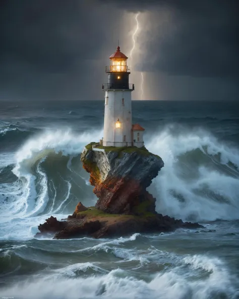 An ultra-detailed oil painting of a lighthouse surrounded by raging waves and stormy skies. (dramatic:1.4), (hyper-realistic), (highly detailed:1.5), (intricate details:1.2), (palette knife:1.2), (by Greg Manchess), (HDR:1.3), (intense:1.1), (cinematic lighting:1.3), (trending on CGsociety), (surreal:1.2), (high contrast:1.3), (oil painting texture:1.5), (dramatic shadows:1.2), perfect lighting, perfect shading, Style-DoF, Style-BlurFore