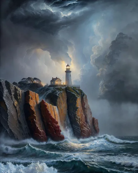 An ultra-detailed oil painting of a lighthouse surrounded by raging waves and stormy skies. (dramatic:1.4), (hyper-realistic), (highly detailed:1.5), (intricate details:1.2), (palette knife:1.2), (by Greg Manchess), (HDR:1.3), (intense:1.1), (cinematic lighting:1.3), (trending on CGsociety), (surreal:1.2), (high contrast:1.3), (oil painting texture:1.5), (dramatic shadows:1.2), perfect lighting, perfect shading,