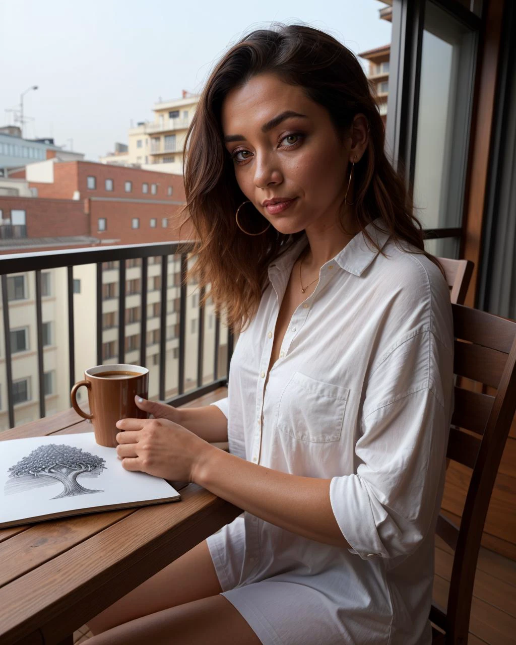 a woman wearing oversized shirt, sitting at a table with a book and a cup of coffee in front of her on a balcony, Artgerm, photography art, a detailed drawing, analytical art
masterpiece, best quality, intricate detail, Fine-art photography
