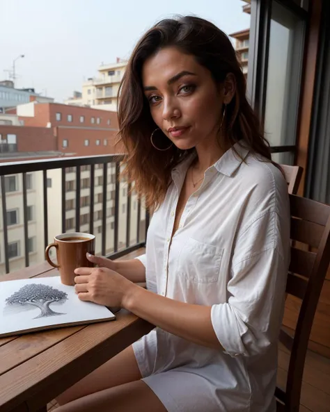 a woman wearing oversized shirt,  sitting at a table with a book and a cup of coffee in front of her on a balcony, Artgerm, photography art, a detailed drawing, analytical art
masterpiece, best quality, intricate detail,  Fine-art photography