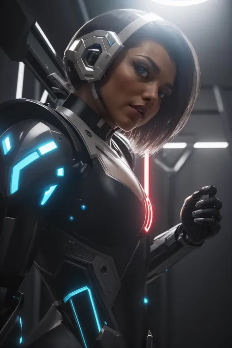 a futuristic girl in a suit standing in front of a background of futuristic mech,  mecha, cyberpunk art, afrofuturism, tattoo,  glowing lines, indoors,  from side, looking at viewer, electricity, holographic interface,  from behind, 
masterpiece, best quality, intricate details, absurdres,   <lora:backlight_slider_v10:-0.5> <lora:epiC35mm:1> epiC35mm <lora:epiCRealismHelper:1> <lora:muscle_slider_v1:1.5>