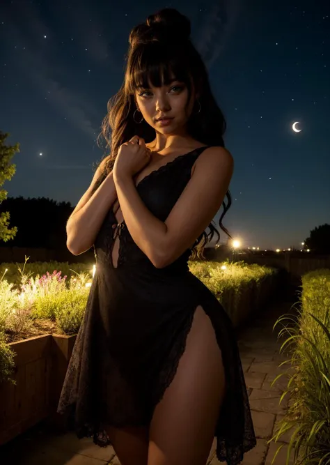 1girl, bangs, dark background, black hair, blunt bangs, earrings, long hair, looking at viewer, mole, multicolored hair,  solo, looking at viewer, sleeveless dress,  night, night sky, light, single hair bun, 
masterpiece, best quality, intricate details, outdoors, garden, 
 <lora:backlight_slider_v10:-1> <lora:contrast_slider_v10:2> <lora:weight_slider_v2:0.5>   
<lora:add_sharpness:1.0><lora:add_sharpness:1.0>