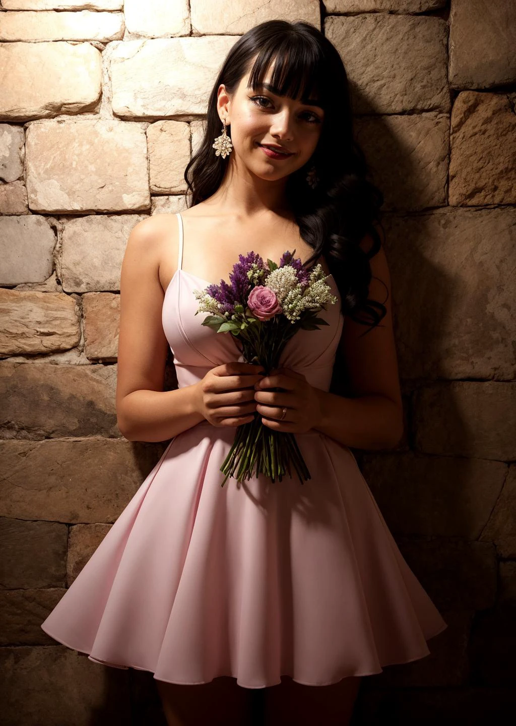 1girl, bangs, dark background, black hair, blunt bangs, earrings, long hair, looking at viewer, mole, multicolored hair, solo, pink dress, night, night sky, light, holding bouquet,
masterpiece, best quality, intricate details, outdoors, garden, stone floor, parted lips, plant, wall, smile,
<lora:backlight_slider_v10:-1> <lora:contrast_slider_v10:2> <lora:weight_slider_v2:0.5>
<lora:add_sharpness:1.0><lora:add_sharpness:1.0>