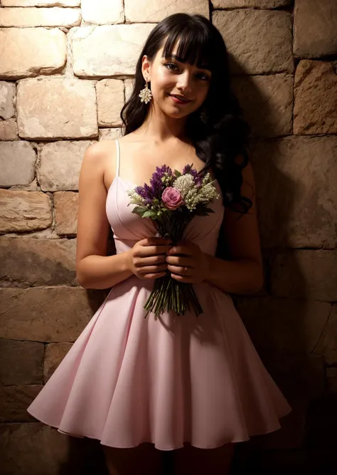 1girl, bangs, dark background, black hair, blunt bangs, earrings, long hair, looking at viewer, mole, multicolored hair,  solo, pink dress,  night, night sky, light, holding bouquet, 
masterpiece, best quality, intricate details, outdoors, garden, stone floor, parted lips, plant, wall, smile, 
 <lora:backlight_slider_v10:-1> <lora:contrast_slider_v10:2> <lora:weight_slider_v2:0.5>   
<lora:add_sharpness:1.0><lora:add_sharpness:1.0>