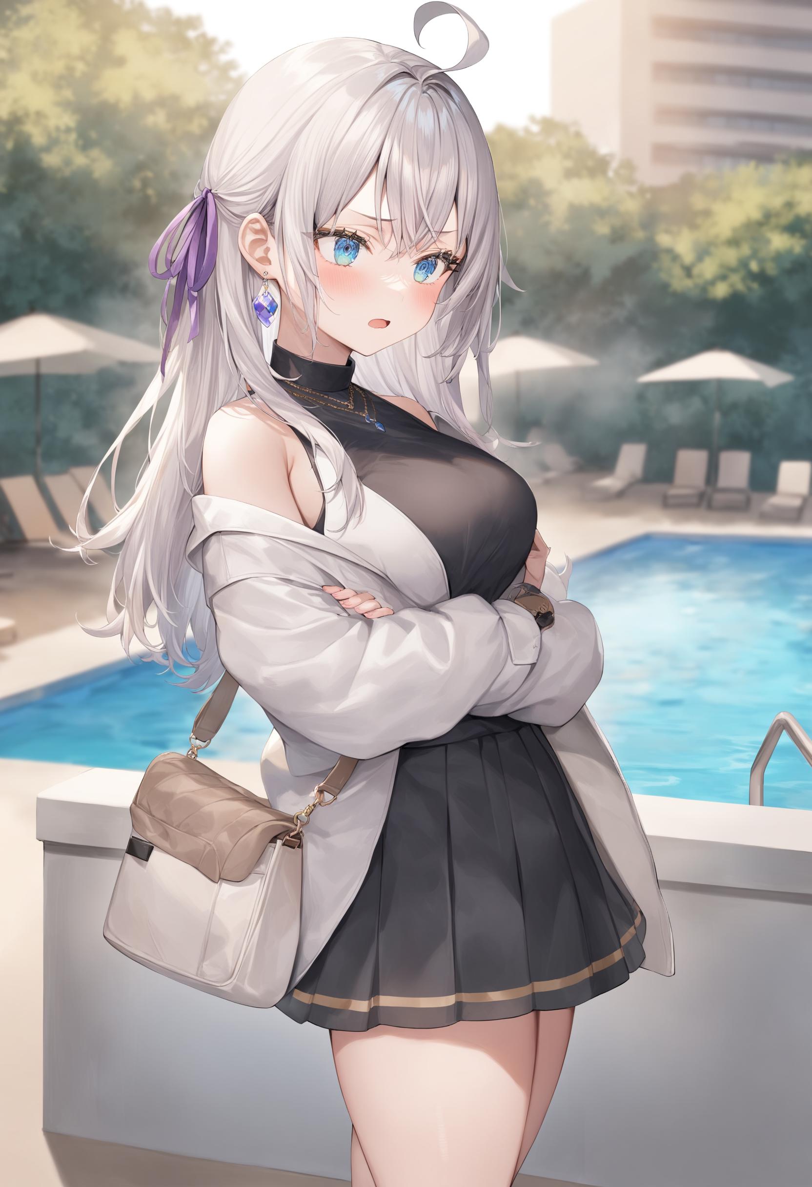 Anime girl with long hair and a black dress standing by a pool - SeaArt AI