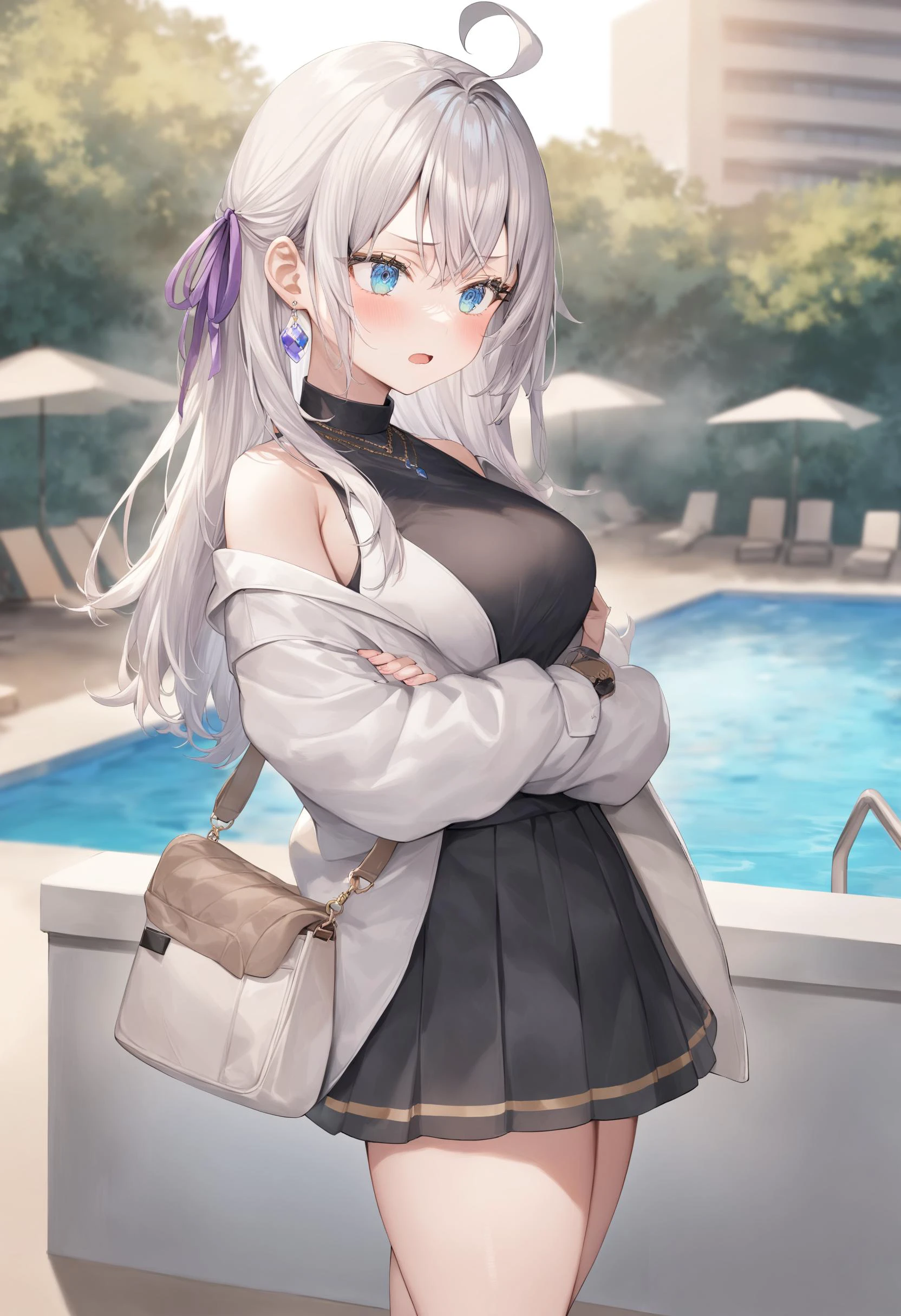 1girl, alisa mikhailovna kujou,tokidoki bosotto roshia-go de dereru tonari no arya-san,<lora:alisa_XL_v1:0.8>
solo, long hair, eyebrows visible through hair, hair between eyes, silver hair, hair ribbon, blue eyes, medium breasts, bag, jewelry, bare shoulders, earrings, clothing cutout, grey skirt, shirt, pleated skirt, purple ribbon, black shirt, long sleeves, off shoulder, frills, sleeveless,
from side, cinematic angle, looking away, determined, resort pool, open mouth,
best quality, very aesthetic, absurdres