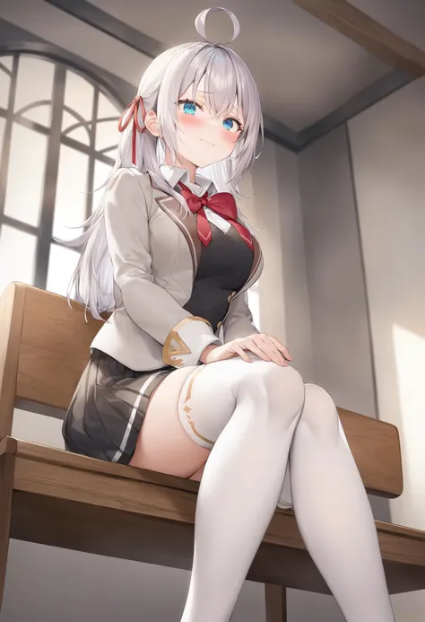 1girl,  alisa mikhailovna kujou,tokidoki bosotto roshia-go de dereru tonari no arya-san,<lora:alisa_XL_v1:0.8>
solo, long hair, eyebrows visible through hair, hair between eyes, silver hair, hair ribbon, blue eyes, medium breasts, school uniform,white legwear,zettai ryouiki, long sleeves, jacket,
from below, feet out of frame, looking at viewer, full face blush, in church dark, closed mouth,
best quality, very aesthetic, absurdres