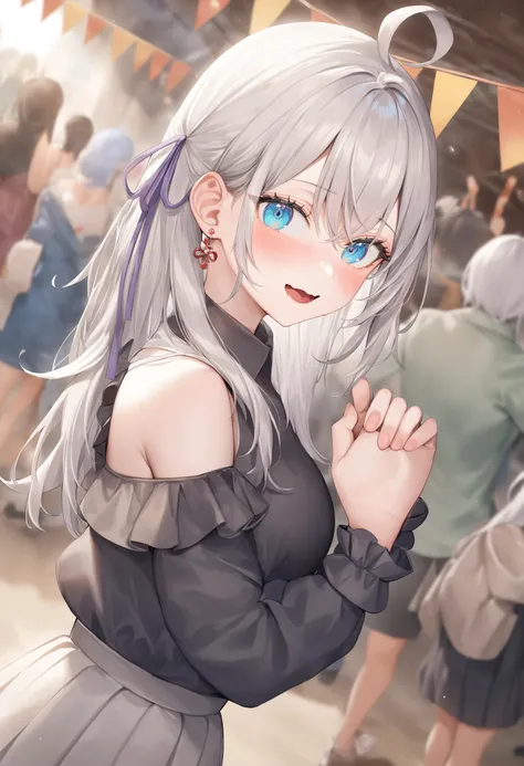 1girl,  alisa mikhailovna kujou,tokidoki bosotto roshia-go de dereru tonari no arya-san,<lora:alisa_XL_v1:0.8>
solo, long hair, eyebrows visible through hair, hair between eyes, silver hair, hair ribbon, blue eyes, medium breasts, bag, jewelry, bare shoulders, earrings, clothing cutout, grey skirt, shirt, pleated skirt, purple ribbon, black shirt, long sleeves, off shoulder, frills, sleeveless,
from side, cinematic angle, looking at viewer, badmood, october festivals, open mouth,
best quality, very aesthetic, absurdres