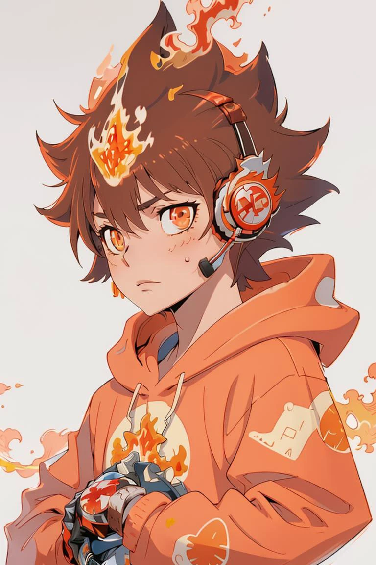 masterpiece, best quality, <lora:Tsuna_Reborn2:1> intricate detail, tsuna sawada, flame headwear, headphones, brown eyes, anime screencap, upper body, wind, floating hair, flame, Orange hoodie with flame print, reborn, katekyo hitman reborn!, expressionless,