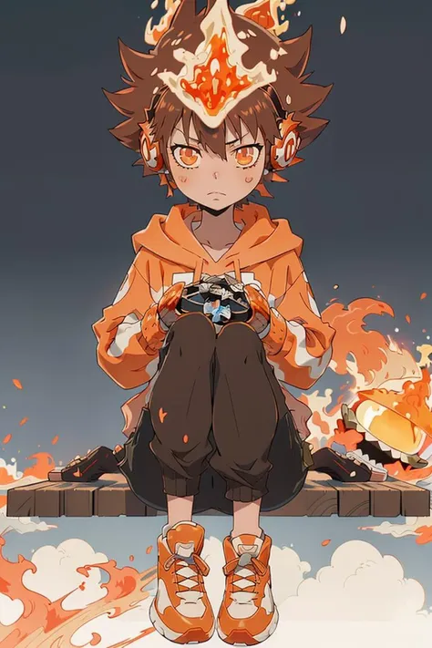 masterpiece, best quality,   <lora:Tsuna_Reborn2:1> intricate detail,  tsuna sawada, flame headwear, headphones, brown eyes,  anime screencap, upper body, wind, floating hair, flame, Orange hoodie with flame print, reborn,  katekyo hitman reborn!, expressionless, throne, sitting, jumping,