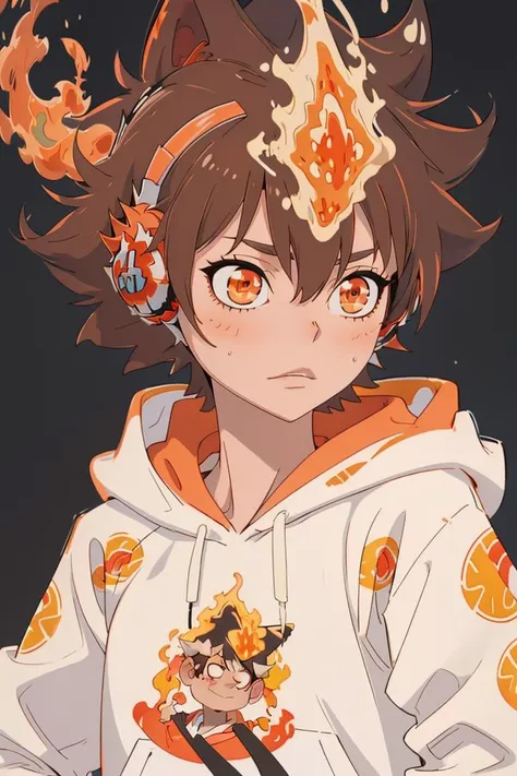 masterpiece, best quality,   <lora:Tsuna_Reborn2:1> intricate detail,  tsuna sawada, flame headwear, headphones, brown eyes,  anime screencap, upper body, wind, floating hair, flame, Orange hoodie with flame print