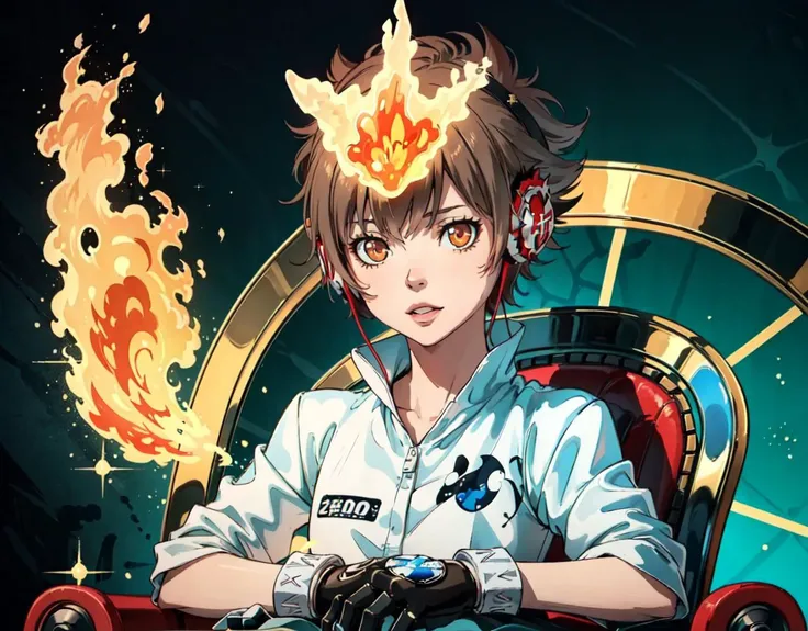 (3d, sharper image, 4k, ultra hd, best quality, masterpiece, perfect face, beautiful), <lora:Tsuna_Reborn2:1> TSUNA SAWADA, GLOVES, FLAME HEADWEAR, HEADPHONES, FINGERLESS GLOVES, BROWN EYES, sitting on a throne, GS-Girlish