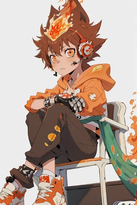 masterpiece, best quality,   <lora:Tsuna_Reborn2:1> intricate detail,  tsuna sawada, flame headwear, headphones, brown eyes,  anime screencap, upper body, wind, floating hair, flame, Orange hoodie with flame print, reborn,  katekyo hitman reborn!, expressionless, throne, sitting,