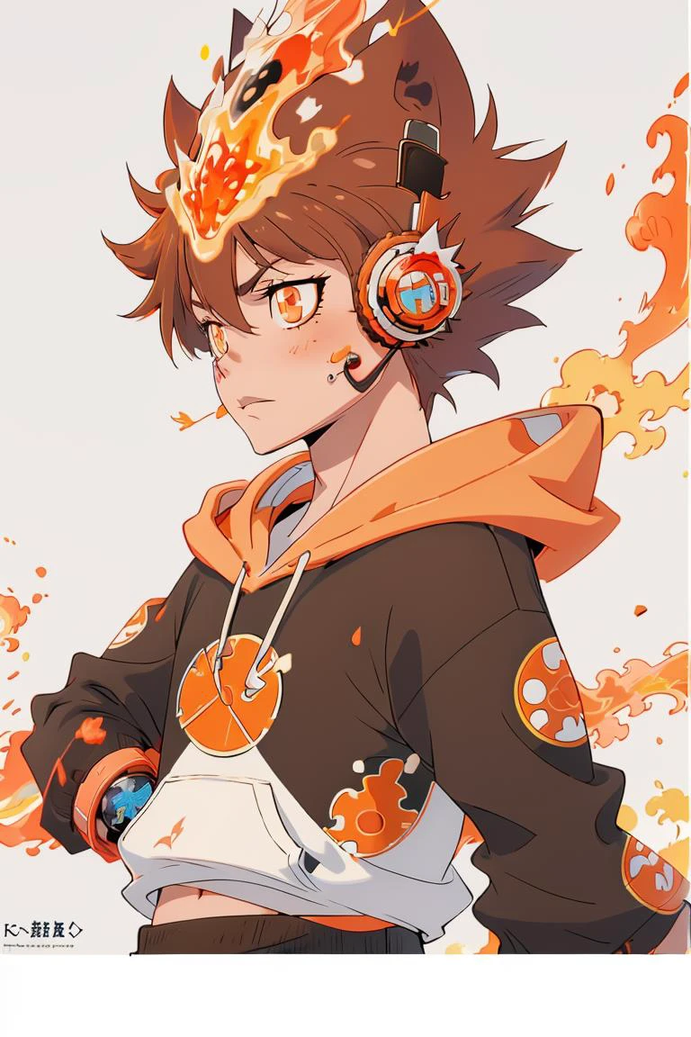 masterpiece, best quality, <lora:Tsuna_Reborn2:1> intricate detail, tsuna sawada, flame headwear, headphones, brown eyes, anime screencap, upper body, wind, floating hair, flame, Orange hoodie with flame print, reborn, katekyo hitman reborn!,