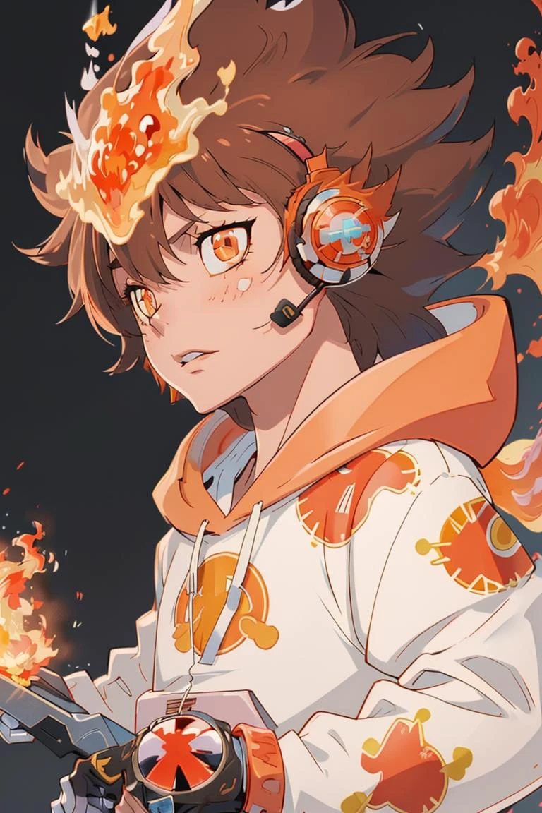masterpiece, best quality, <lora:Tsuna_Reborn2:1> intricate detail, tsuna sawada, flame headwear, headphones, brown eyes, anime screencap, upper body, wind, floating hair, flame, Orange hoodie with flame print, reborn, katekyo hitman reborn!,