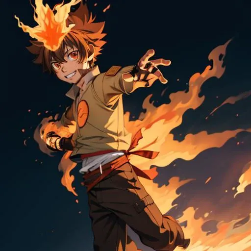 (little boy), [[grin]], random pose, (boy), smooth skin <lora:Tsuna_Reborn2-10:1 >tsuna sawada, brown eyes,  flame headwear, chiaroscuro, atmospheric