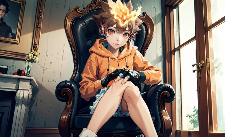 (3d, sharper image, 4k, ultra hd, best quality, masterpiece, perfect face, beautiful), <lora:Tsuna_Reborn2:1> TSUNA SAWADA, Orange hoodie with flame print, GLOVES, FLAME HEADWEAR, HEADPHONES, FINGERLESS GLOVES, BROWN EYES, TSUNA SAWADA, sitting inside throne room, GS-Girlish