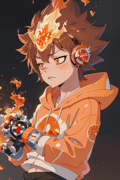 masterpiece, best quality,   <lora:Tsuna_Reborn2:1> intricate detail,  tsuna sawada, flame headwear, headphones, brown eyes,  anime screencap, upper body, wind, floating hair, flame, Orange hoodie with flame print, reborn,  katekyo hitman reborn!, half-closed eyes,