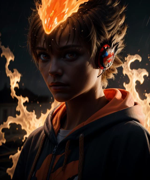 masterpiece, best quality, <lora:Tsuna_Reborn2:1> intricate detail, tsuna sawada, flame headwear, headphones, brown eyes, upper body, wind, floating hair, flame, Orange hoodie with flame print, ((very realistic)), lifelike, furrowed brow, serious, parted lips, glowing eyes, rain, night
<lora:contrast_slider_v10:1.8> <lora:skin_slider_v2_1_FACE:0.6> <lora:filmgrain_slider_v1:0.8>, <lora:add_detail:0.5> <lora:backlight_slider_v10:-1.4>
