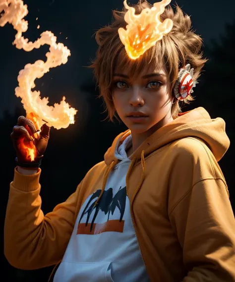 masterpiece, best quality, <lora:Tsuna_Reborn2:1> intricate detail, tsuna sawada, flame headwear, headphones, brown eyes, upper body, wind, floating hair, flame, Orange hoodie with flame print, ((very realistic)), lifelike, furrowed brow, serious, parted lips, glowing eyes, rain, night
 <lora:contrast_slider_v10:1.8> <lora:skin_slider_v2_1_FACE:0.6> <lora:filmgrain_slider_v1:0.8>,  <lora:add_detail:0.5> <lora:backlight_slider_v10:-0.5>