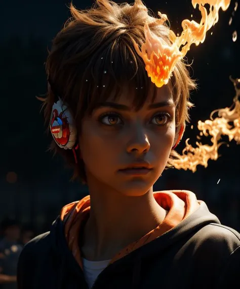 masterpiece, best quality, <lora:Tsuna_Reborn2:1> intricate detail, tsuna sawada, flame headwear, headphones, brown eyes,wind, floating hair, flame, Orange hoodie with flame print, ((very realistic)), lifelike, furrowed brow, angry, parted lips, glowing eyes, rain, night
 <lora:contrast_slider_v10:1.8> <lora:skin_slider_v2_1_FACE:0.6> <lora:filmgrain_slider_v1:0.8>,  <lora:add_detail:0.5> <lora:backlight_slider_v10:-1.4>