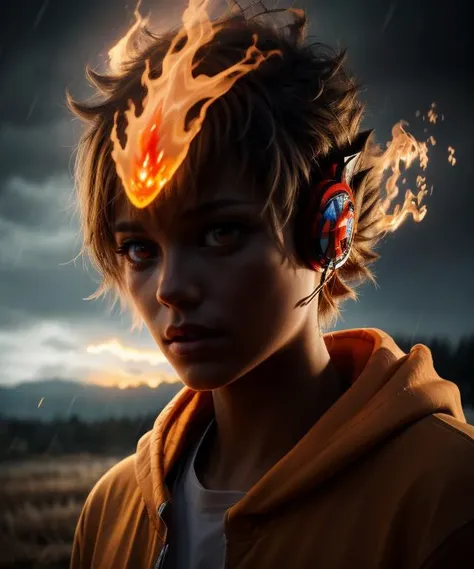 masterpiece, best quality, <lora:Tsuna_Reborn2:1> intricate detail, tsuna sawada, flame headwear, headphones, brown eyes,wind, floating hair, flame, Orange hoodie with flame print, ((very realistic)), lifelike,  parted lips, glowing eyes, rain, night, flaming hand, flaming halo, 
 <lora:contrast_slider_v10:1.8> <lora:skin_slider_v2_1_FACE:0.6> <lora:filmgrain_slider_v1:0.8>,  <lora:add_detail:0.5> <lora:backlight_slider_v10:-1.4>