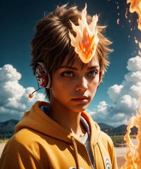 masterpiece, best quality, <lora:Tsuna_Reborn2:1> intricate detail, tsuna sawada, flame headwear, headphones, brown eyes, upper body, wind, floating hair, flame, Orange hoodie with flame print, ((very realistic)), lifelike, furrowed brow, serious, parted lips, 
 <lora:contrast_slider_v10:1.8> <lora:skin_slider_v2_1_FACE:0.6> <lora:filmgrain_slider_v1:0.8>,  <lora:add_detail:0.5> <lora:backlight_slider_v10:-0.5>