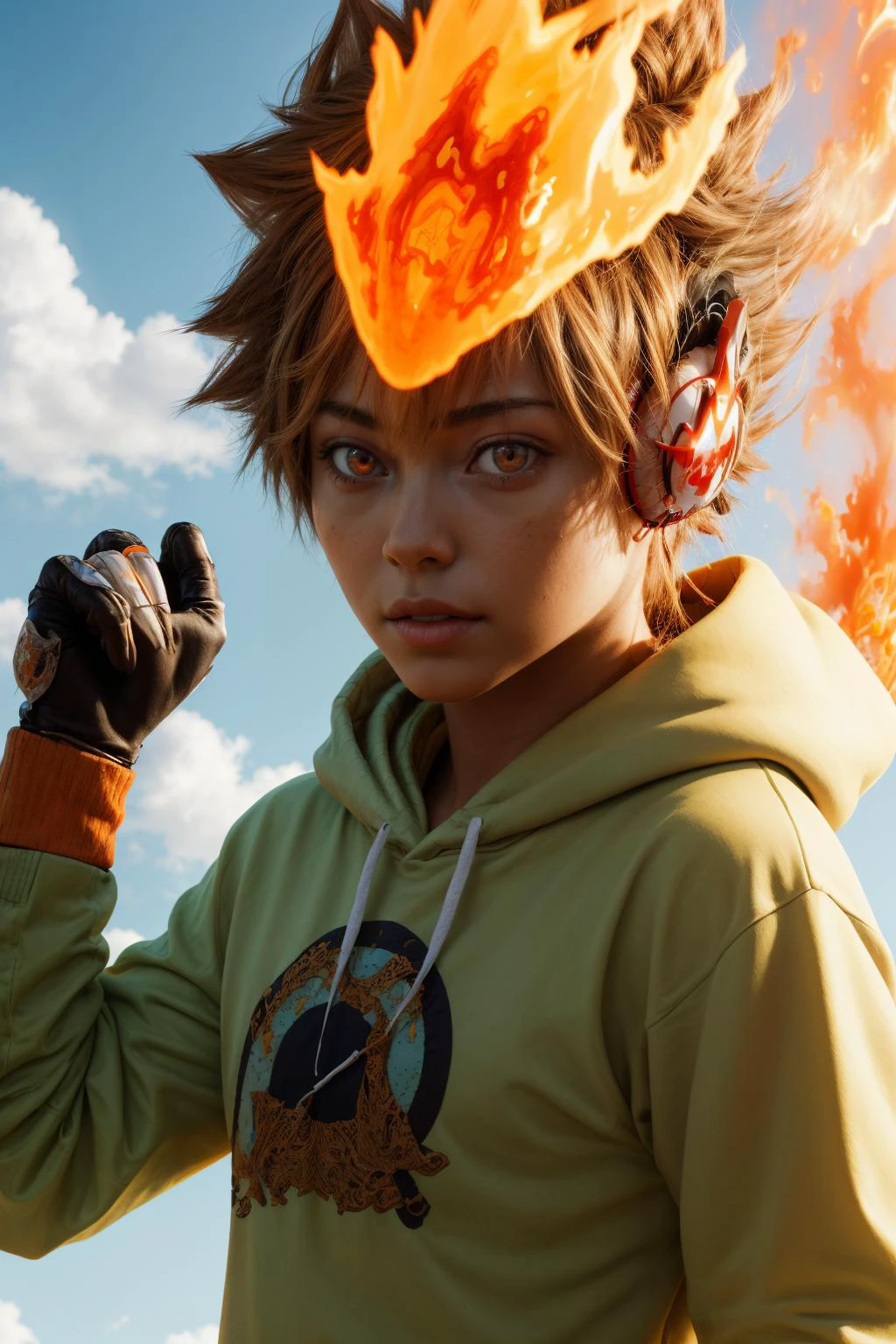 masterpiece, best quality, <lora:Tsuna_Reborn2:1> intricate detail, tsuna sawada, flame headwear, headphones, brown eyes, anime screencap, upper body, wind, floating hair, flame, Orange hoodie with flame print
<lora:contrast_slider_v10:1> <lora:skin_slider_v2_1_FACE:0.6> <lora:filmgrain_slider_v1:0.8>, <lora:add_detail:0.5> <lora:backlight_slider_v10:-0.5>