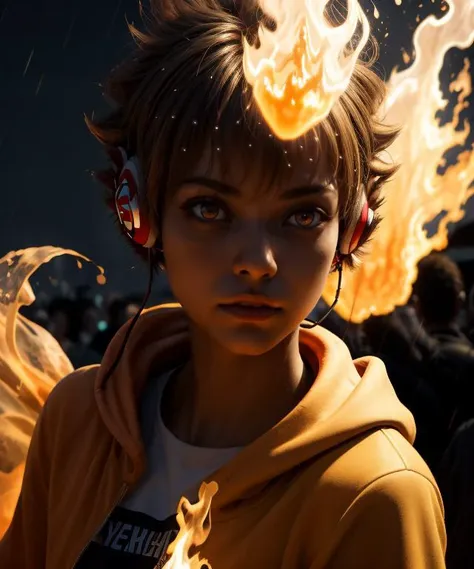 masterpiece, best quality, <lora:Tsuna_Reborn2:1> intricate detail, tsuna sawada, flame headwear, headphones, brown eyes,wind, floating hair, flame, Orange hoodie with flame print, ((very realistic)), lifelike,  parted lips, glowing eyes, rain, night, flaming hand, flaming halo, 
 <lora:contrast_slider_v10:1.8> <lora:skin_slider_v2_1_FACE:0.6> <lora:filmgrain_slider_v1:0.8>,  <lora:add_detail:0.5> <lora:backlight_slider_v10:-1.4>