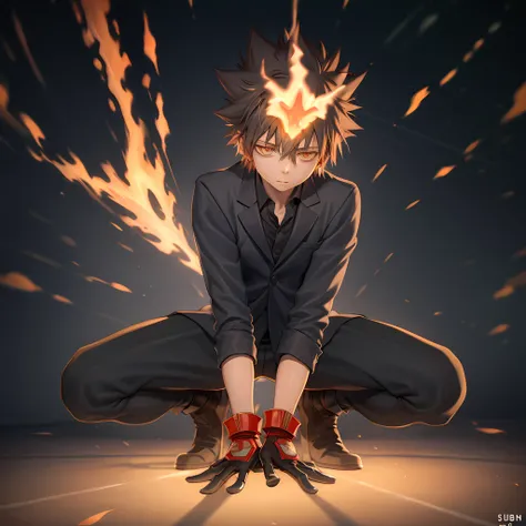 ((masterpiece, best quality)),(complex lighting),solo, full body, 1boy, tsuna, gloves, <lora:TsunaSawada1-10:0.8>,black suit,pants,