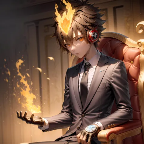 ((masterpiece, best quality)),(complex lighting),tsuna sawada , solo, 1boy, <lora:Tsuna_Reborn2-10:0.8>, brown hair, gloves, 1boy, brown eyes, upper body, headphones, male focus, necktie, formal, suit, , black necktie, flame headwear,sitting, on chair, throne,
