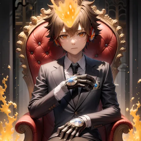 ((masterpiece, best quality)),(complex lighting),tsuna , solo, 1boy, <lora:Tsuna_Reborn2-10:0.8>, brown hair, gloves, 1boy, brown eyes, upper body, headphones, male focus, necktie, formal, suit, , black necktie, flame headwear,sitting, on chair, throne,