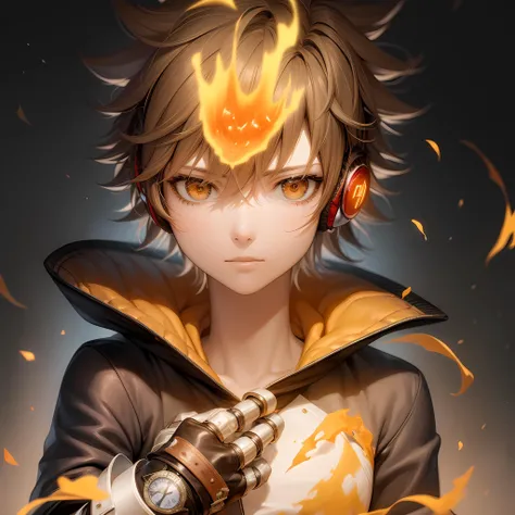 ((masterpiece, best quality)),(complex lighting),tsuna sawada , solo, 1boy, <lora:Tsuna_Reborn2-10:0.6>, brown hair, fingerless gloves, 1boy, brown eyes, upper body, headphones, male focus, flame headwear,gem,