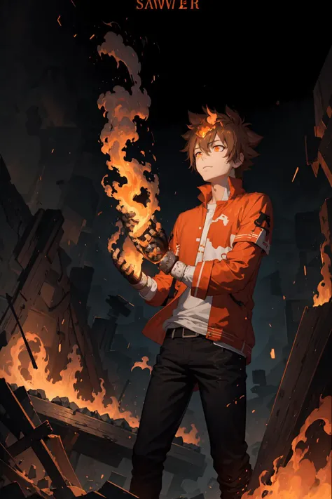 1boys, masterpiece, best quality, ultra-detailed, illustration, epic lighting, cinematic composition, isometric, tsuna sawada, cute, brown hair, ponytail, orange eyes, , detached sleeves, (rich in details), masterpiece, Tindal effect, (Balance and coordination between all things), fire, fire breeze, particle effects, orange theme, (8k:1.1), <lora:Tsuna_Reborn2-10:1>