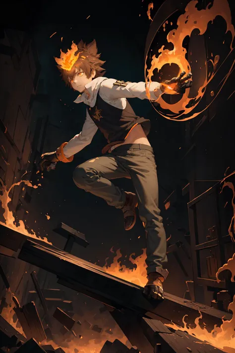 1boys, masterpiece, best quality, ultra-detailed, illustration, epic lighting, cinematic composition, isometric, tsuna sawada, cute, brown hair, ponytail, orange eyes, , detached sleeves, (rich in details), masterpiece, Tindal effect, (Balance and coordination between all things), fire, fire breeze, particle effects, orange theme, (8k:1.1), <lora:Tsuna_Reborn2-10:1>