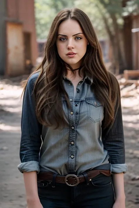 RAW photo, a photo of elizabeth gillies in wastelander clothes, grey shirt, blue jeans, detailed face, brown eyes, long brown hair, pale skin, slim body, background is city ruins, (high detailed skin:1.2), 8k uhd, dslr, soft lighting, high quality, film grain, Fujifilm XT3<lora:Elizabeth Gillies v1.4:1>