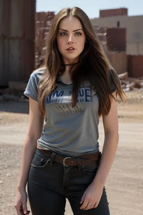 RAW photo, a photo of elizabeth gillies in wastelander clothes, grey shirt, blue jeans, detailed face, brown eyes, long brown hair, pale skin, slim body, background is city ruins, (high detailed skin:1.2), 8k uhd, dslr, soft lighting, high quality, film grain, Fujifilm XT3<lora:Elizabeth Gillies v1.4:1>