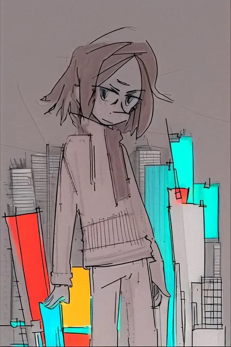 sketch a man in the middle of a cityscape,  color_ink_splash  <lora:smr03style:1> angular drawing, smr03, pointy nose, sketch