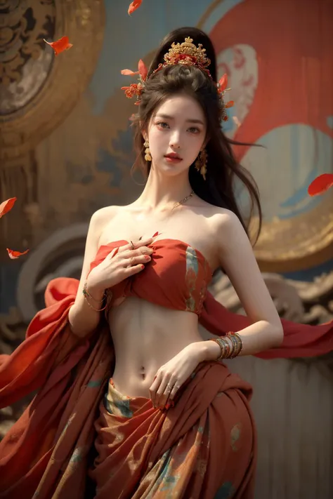 (Best Quality, Masterpiece:1.4), (Realism:1.2), (Realisitc:1.2), (Absurdres:1.2), (photorealistic:1.3), 1 girl,Realistic Skin,Solo,( Very Big Eyes,beautiful detailed eyes, symmetric eyes,), <lora:ç»ªå¿-æ¦çé£å¤©è Dunhuang:0.8><lora:zhongfenghua:0.5> ((cowboy shot)) ultra detailed graphic tension, dynamic poses, stunning colors, 3D rendering, surrealism, cinematic lighting effects, realism, 00 renderer, super realistic, full - body photos, super vista, super wide Angle, HD Dunhuang1girlsolojewelrylong hairhair ornamentblurry backgroundMilky skin, (shiny skin:1.6) petalsfalling petalsnavelearringsbraceletbare shouldersstraplessred nails nail polishbandeau Dunhuang style, Dunhuang mural background, influenced by ancient chinese art, daz3d, colorful costumes, Cyan red ribbon, uhd image, nostalgic paintings, tondo A shot with tension(sky glows red,Visual impact,giving the poster a dynamic and visually striking appearance:1.2),Chinese Zen style,impactful picture, (dark shot:1), shadows, darkness, rays of light, reflections, mist, smoke, halos, flickering, contrast, layered colors
