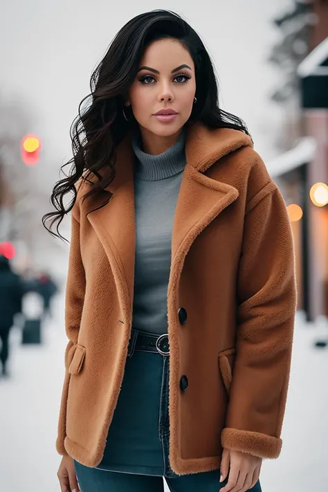 professional portrait photograph of (alinebernardes:0.99), in winter clothing, beautiful face, cute natural makeup, wearing elegant winter fashion clothing, ((standing outside in snowy city street)), stunning modern urban upscale environment, ultra realistic, concept art, elegant, highly detailed, intricate, sharp focus, depth of field, f/1. 8, 85mm, medium shot, mid shot, (centered image composition), (professionally color graded), ((bright soft diffused light)), volumetric fog, trending on instagram, trending on tumblr, hdr 4k, 8k, (closeup portrait:1.2)