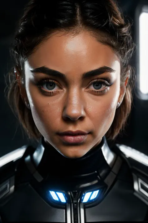 sarahHy1 , ((best quality)), ((masterpiece)), (detailed), Midjourney Style, close-up, woman, robot, red eyes, concept art, inspired by Marek Okon, digital art, Crysis Nanosuit, futuristic, (glowing elements:1.1), 4:3 aspect ratio, dynamic duo