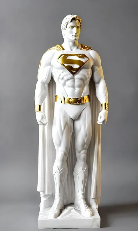 a Greek statue of Superman, best quality, masterpiece, <lora:cstatuesdxl:1>, cstatuesdxl, white and gold, flowing cape, action pose